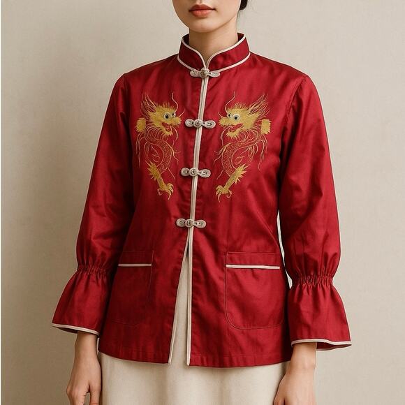 Vintage 70s Chinese Satin Dragon Embroidered Jacket Red Mandarin Collar Small - Picture 1 of 7